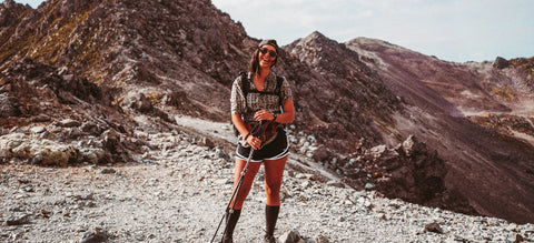 Wooden Sunglasses by Vilo Eyewear Australia. Woman hiking in the mountains wearing sunglasses